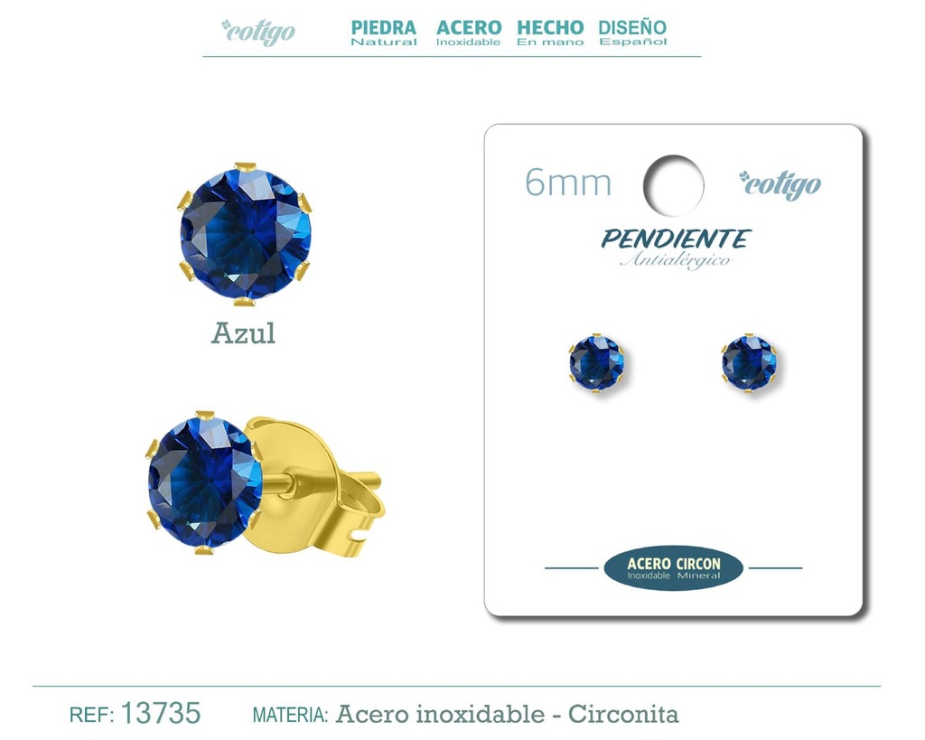 Pendiente redondo de circonita azul 6mm con base de acero dorado - Joyería y accesorios elegantes