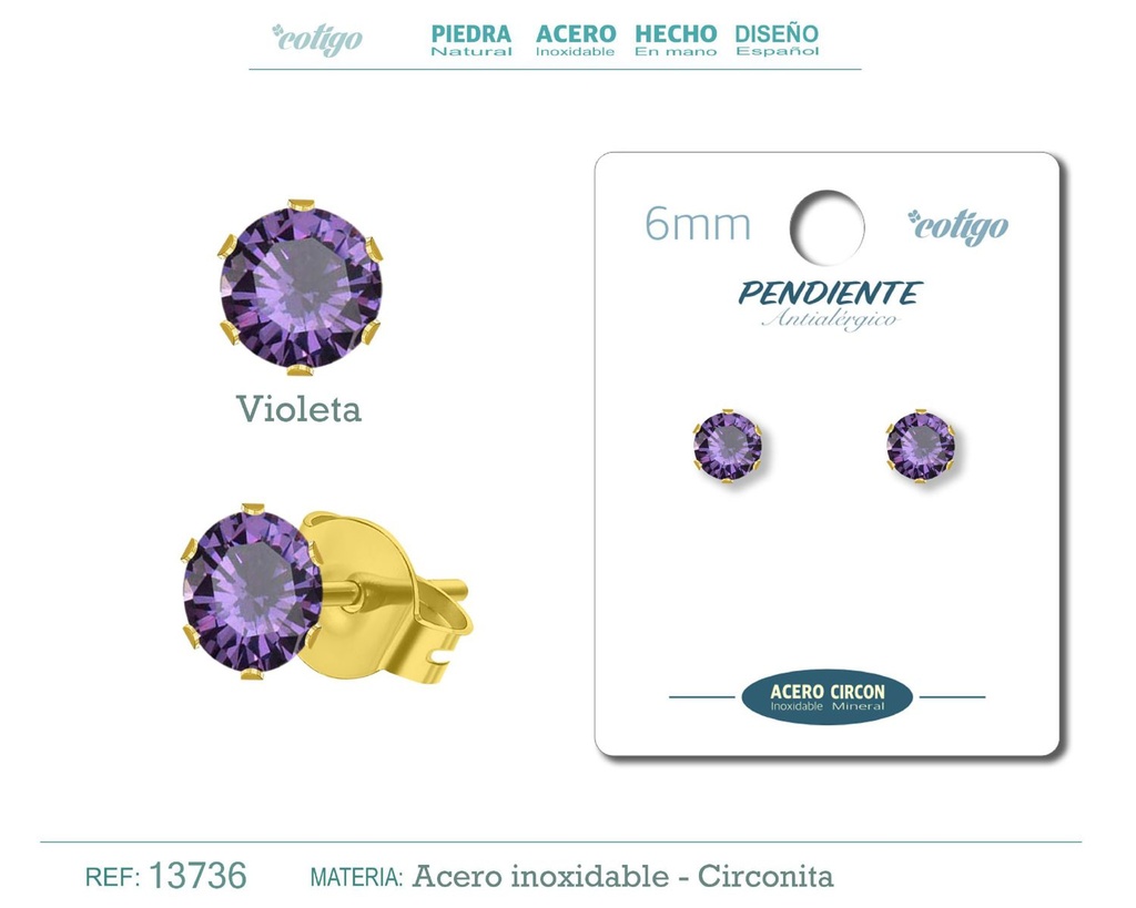 Pendiente redondo de circonita violeta 6mm con base de acero dorado - Joyería y accesorios elegantes