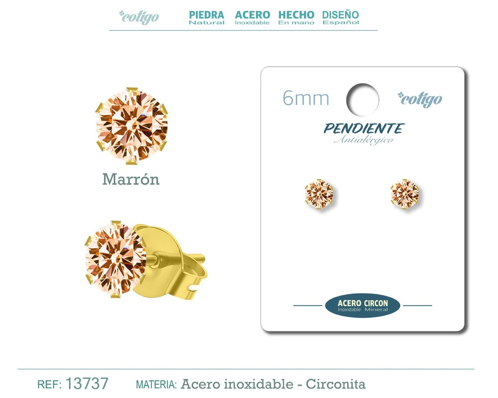 Pendiente redondo de circonita marrón 6mm con base de acero dorado - Joyería y accesorios elegantes