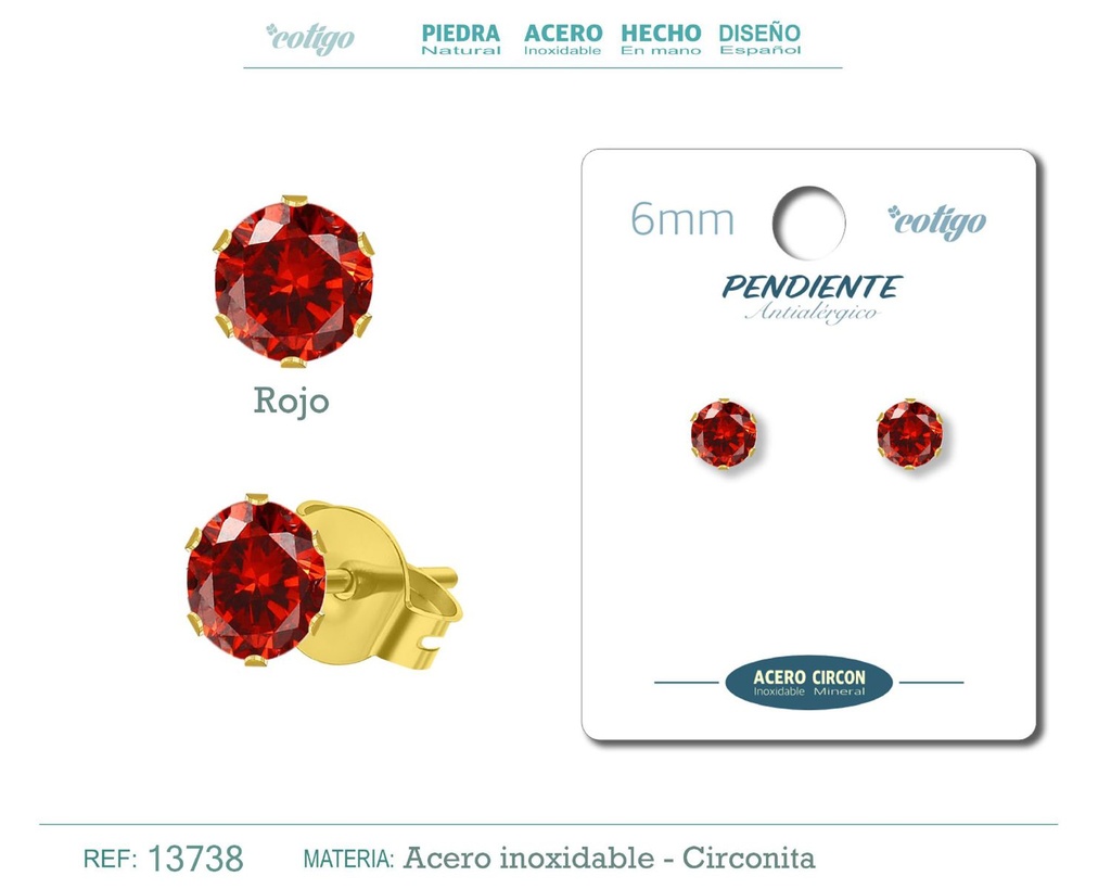 Pendiente redondo de circonita roja 6mm con base de acero dorado - Joyería y accesorios elegantes