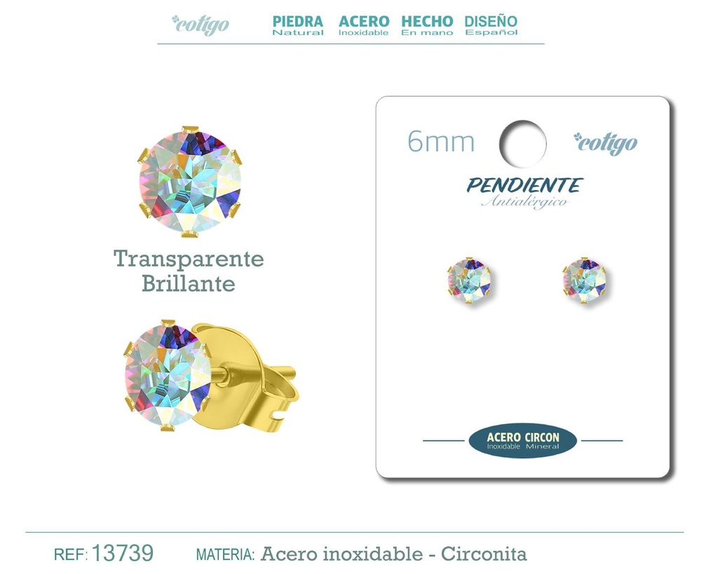 Pendiente redondo de circonita brillante 6mm con base de acero dorado - Joyería y accesorios elegantes