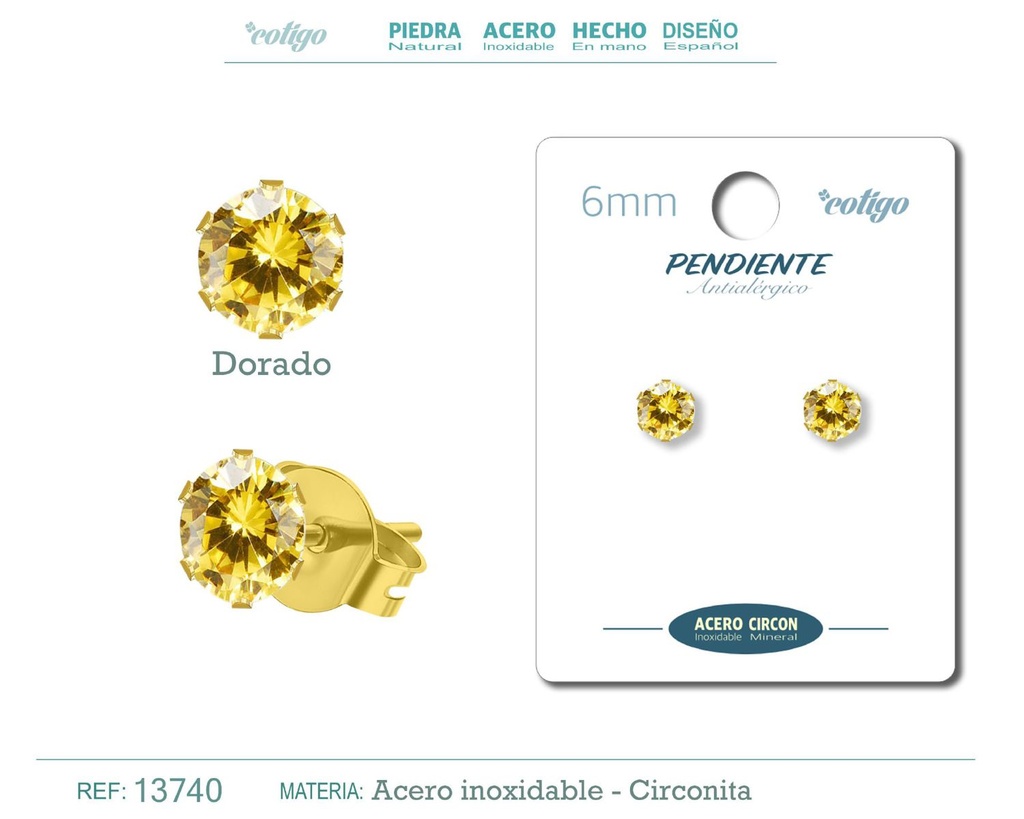 Pendiente redondo de circonita dorada 6mm con base de acero dorado - Joyería y accesorios elegantes