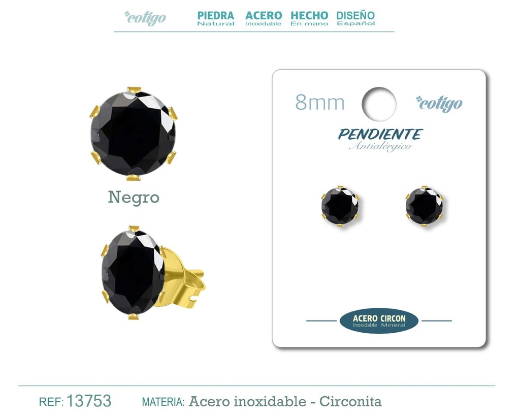 Pendiente redondo de circonita negra 8mm con base de acero dorado - Joyería y accesorios elegantes