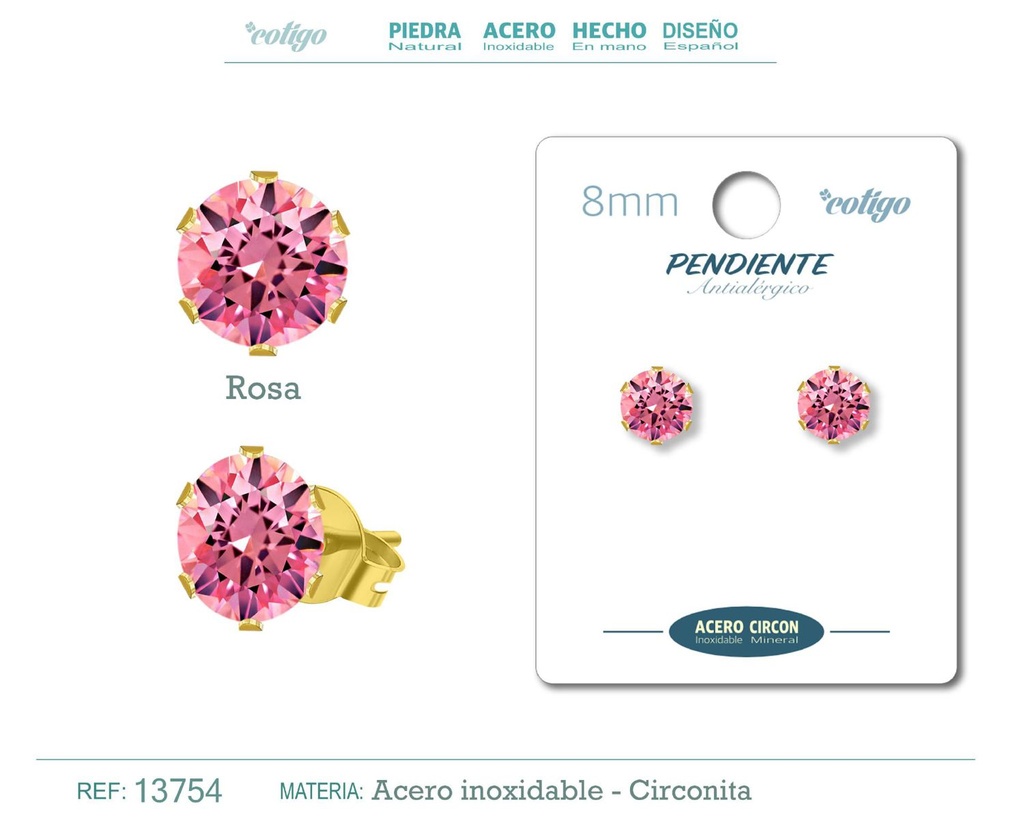 Pendiente redondo de circonita rosa 8mm con base de acero dorado - Joyería y accesorios elegantes