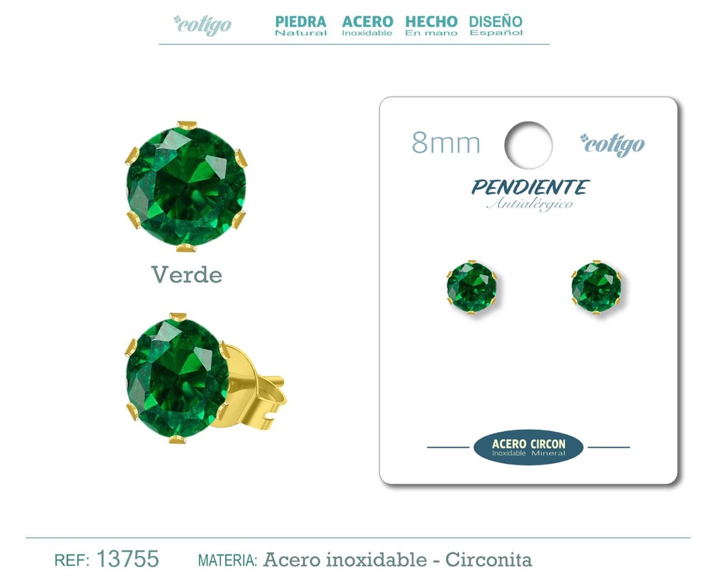 Pendiente redondo de circonita verde 8mm con base de acero dorado - Joyería y accesorios elegantes