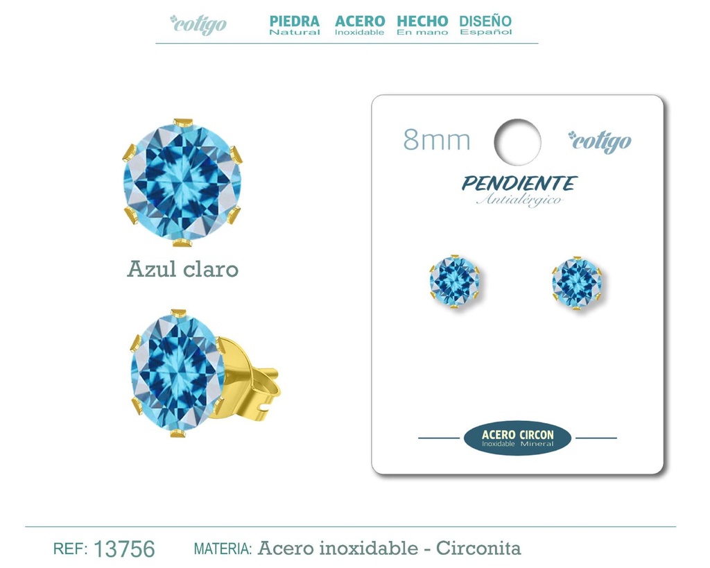 Pendiente redondo de circonita azul claro 8mm con base de acero dorado - Joyería y accesorios elegantes