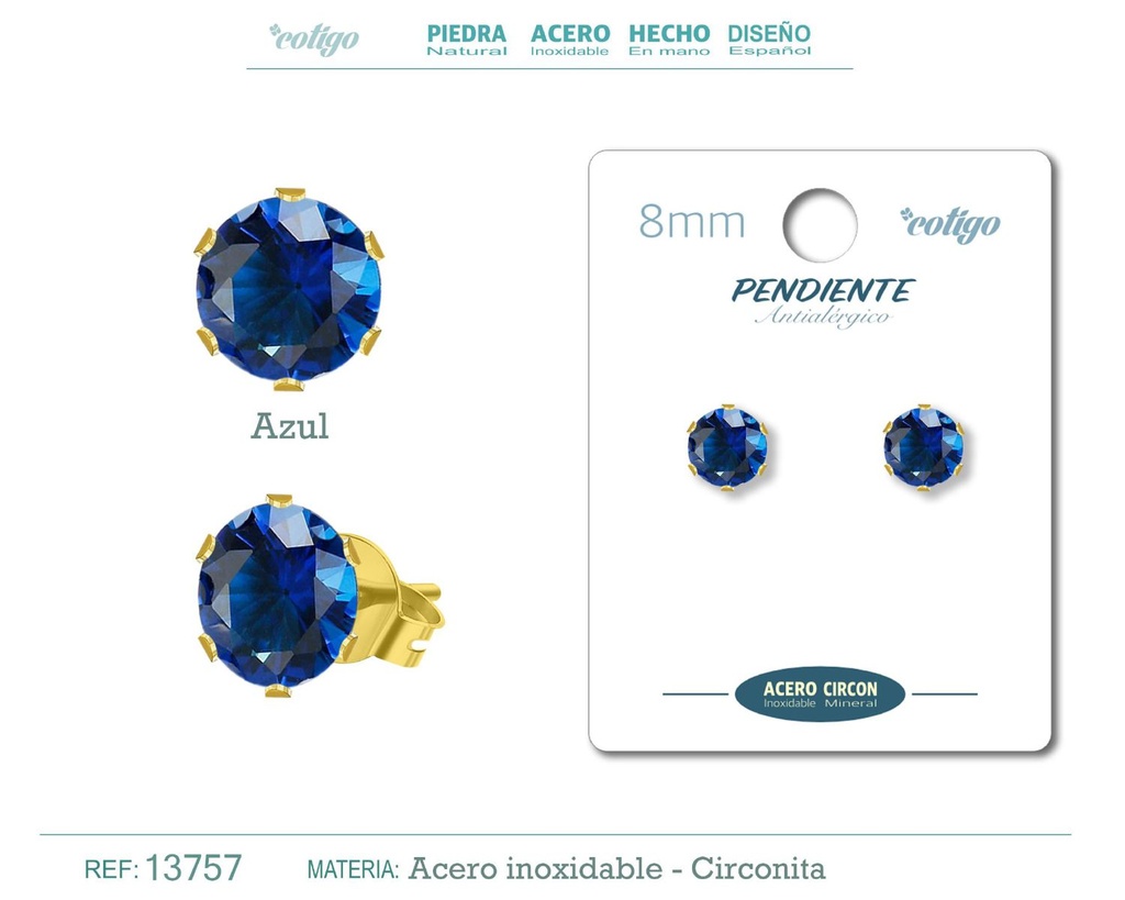 Pendiente redondo de circonita azul 8mm con base de acero dorado - Joyería y accesorios elegantes