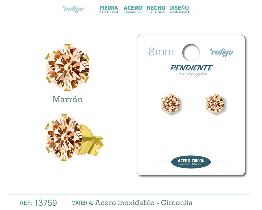 Pendiente redondo de circonita marrón 8mm con base de acero dorado - Joyería y accesorios elegantes