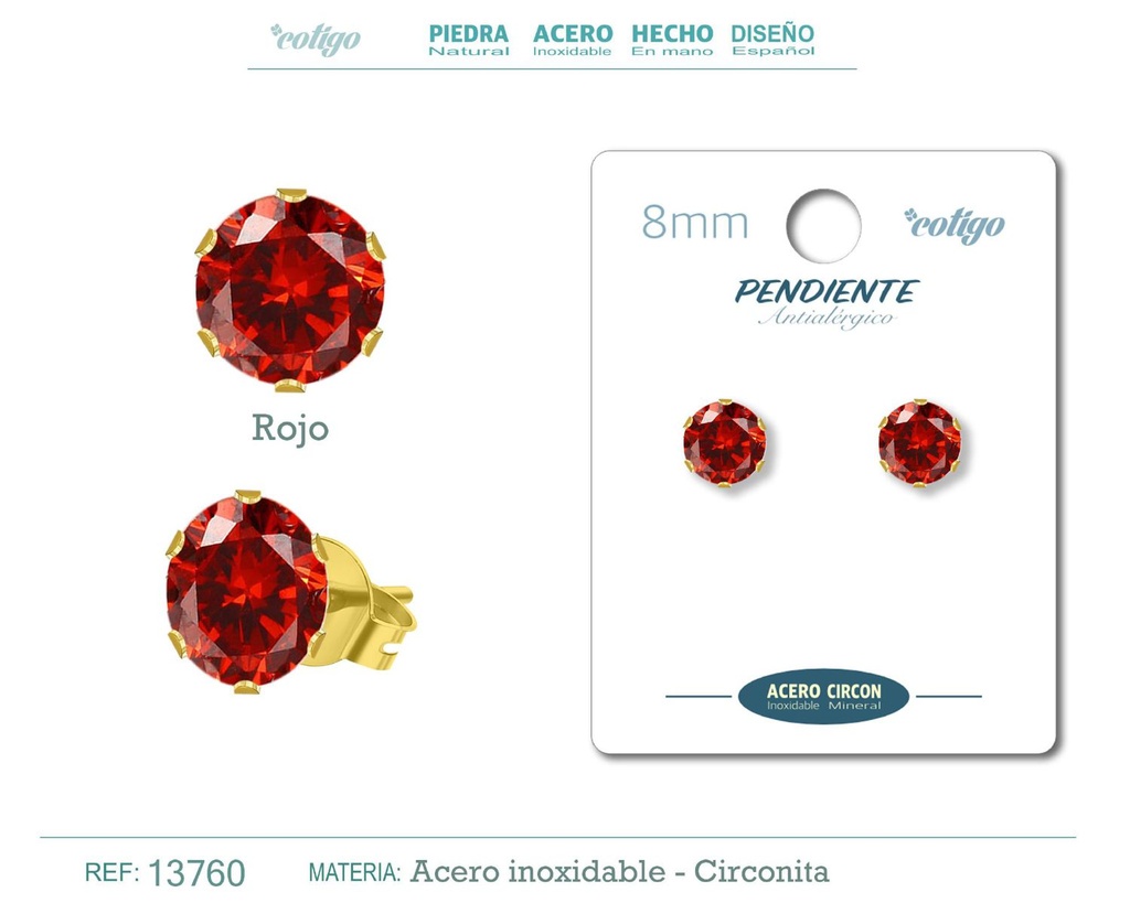 Pendiente redondo de circonita roja 8mm con base de acero dorado - Joyería y accesorios elegantes