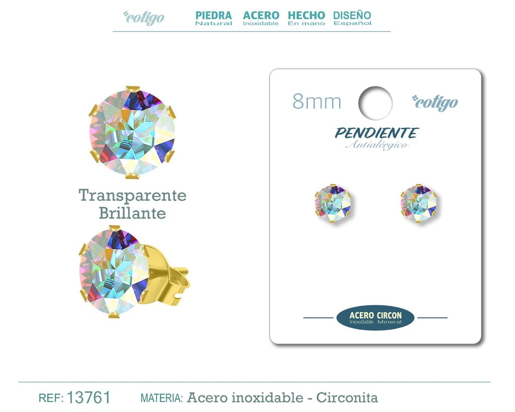 Pendiente redondo de circonita brillante 8mm con base de acero dorado - Joyería y accesorios elegantes