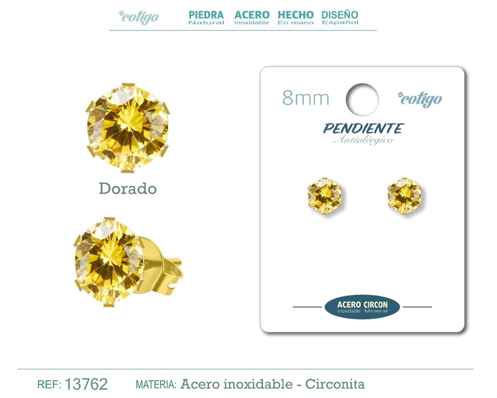 Pendiente redondo de circonita dorada 8mm con base de acero dorado - Joyería y accesorios elegantes