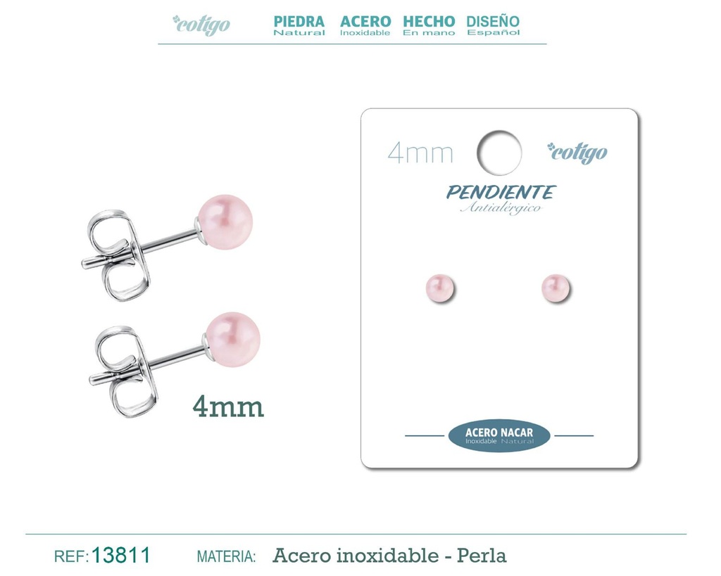 Pendiente de acero con perla nácar 4mm rosa - Joyería y accesorios elegantes