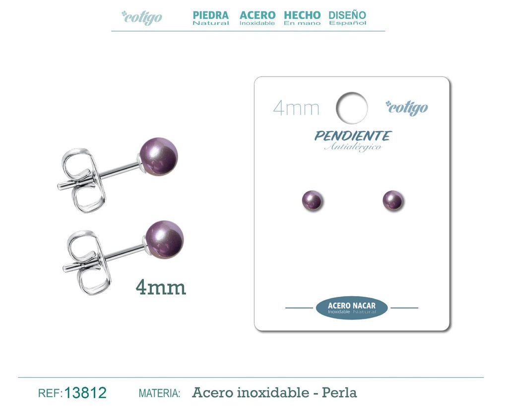 Pendiente de acero con perla nácar 4mm violeta - Joyería y accesorios elegantes