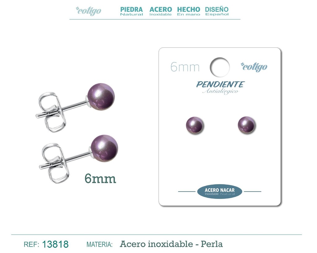 Pendiente de acero con perla nácar 6mm violeta - Joyería y accesorios elegantes