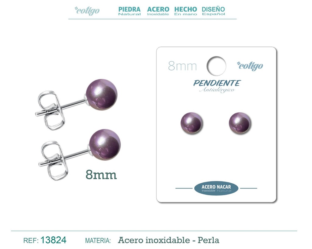 Pendiente de acero con perla nácar 8mm violeta - Joyería y accesorios elegantes