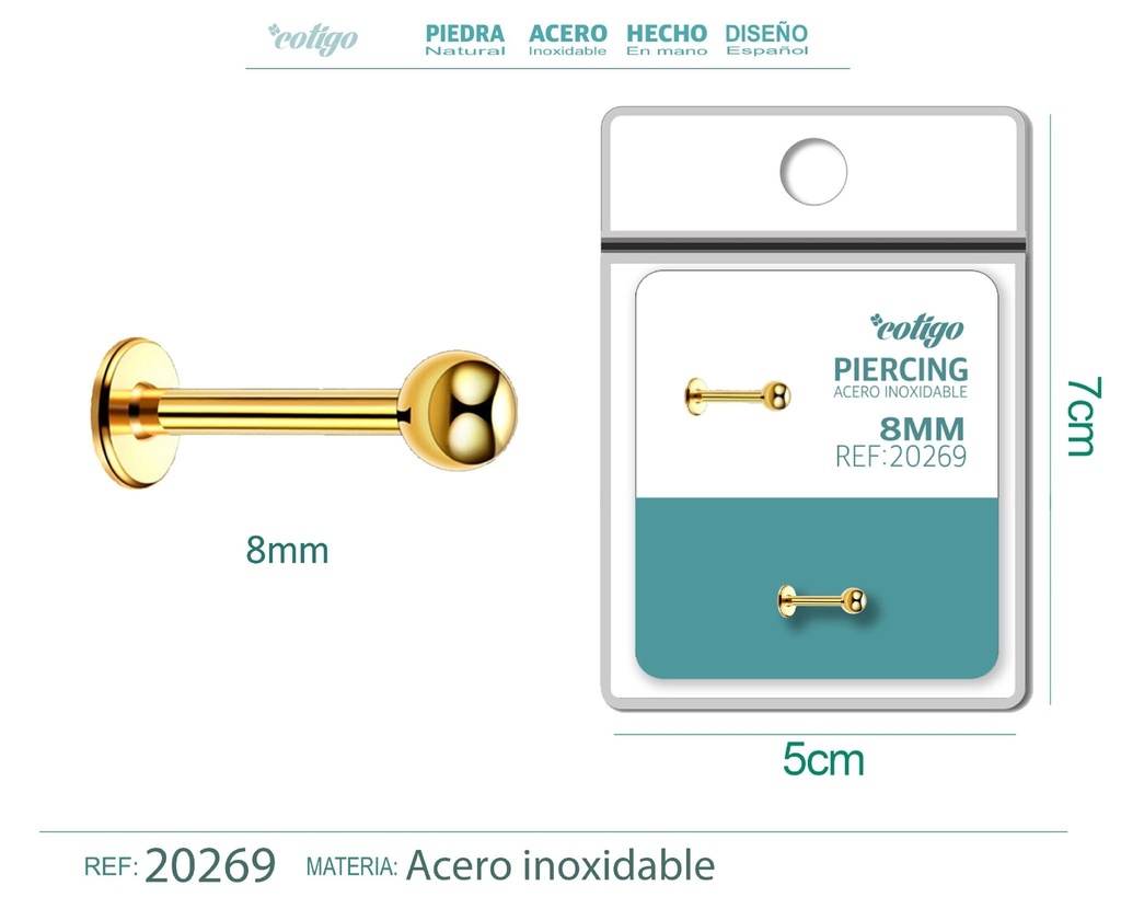 Piercing de acero antialérgico color dorado - Joyería y accesorios