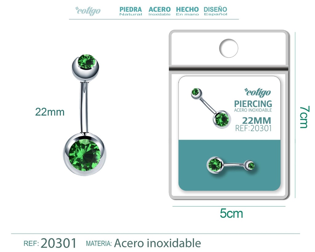Piercing de acero antialérgico color plateado con verde - Joyería y accesorios