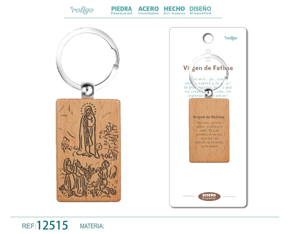 Llavero de madera con Virgen de Fátima - Accesorios religiosos