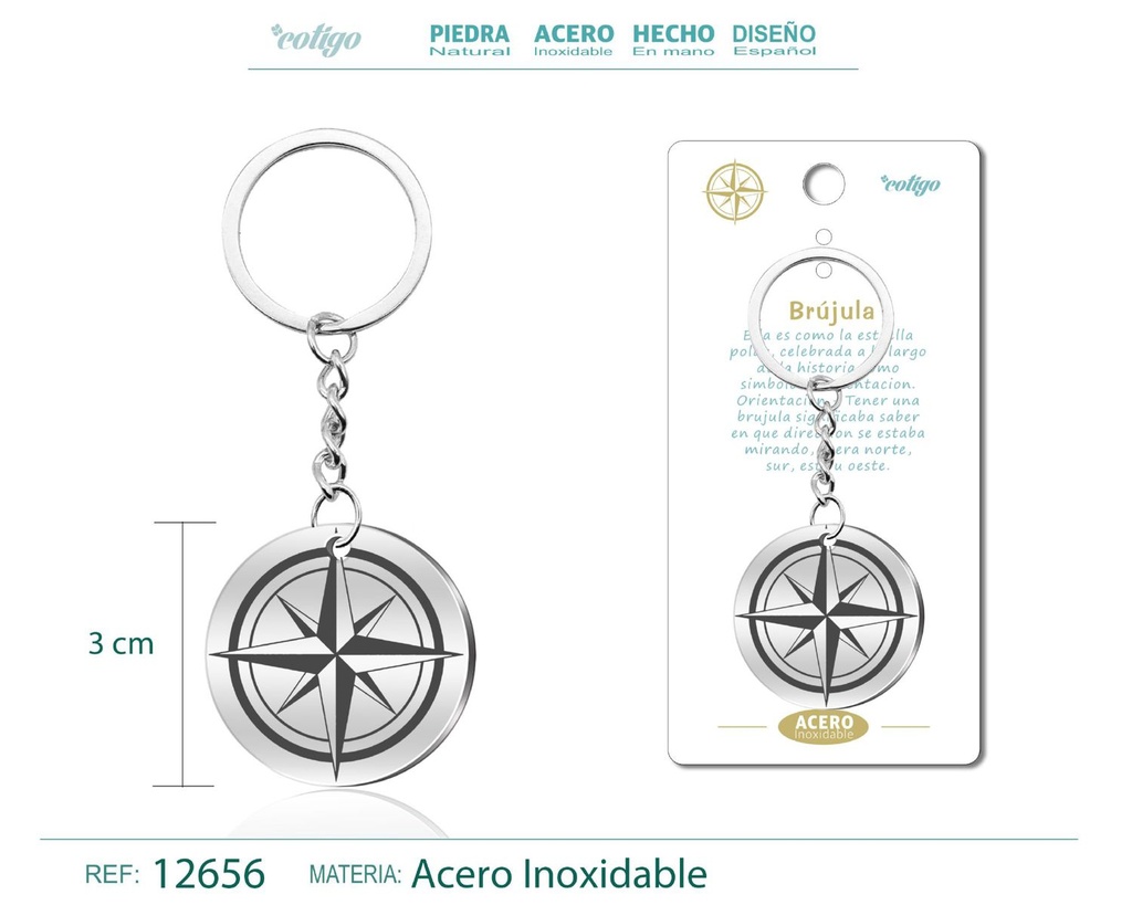 Llavero de Acero con Símbolo de Suerte Brújula - Accesorios de orientación y buena suerte