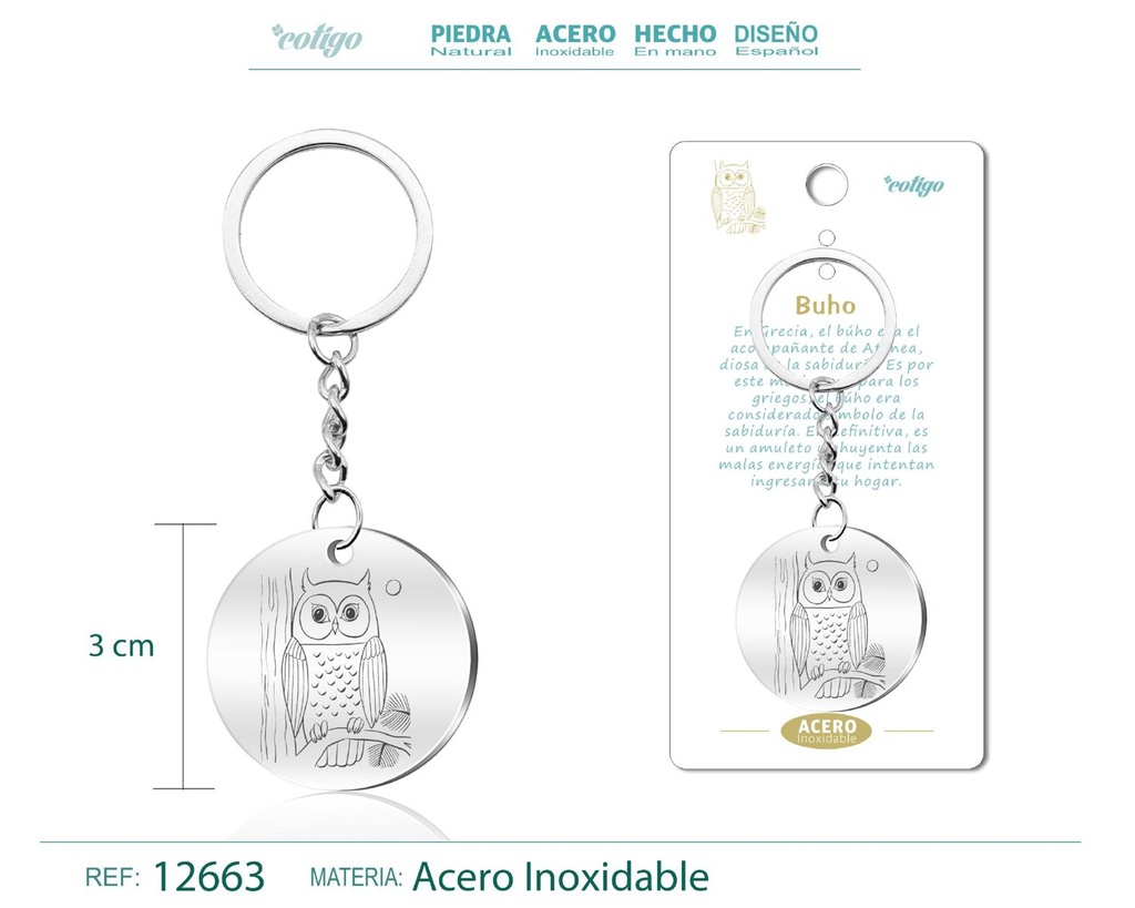 Llavero de Acero con Símbolo de Suerte Búho - Accesorios de sabiduría y protección