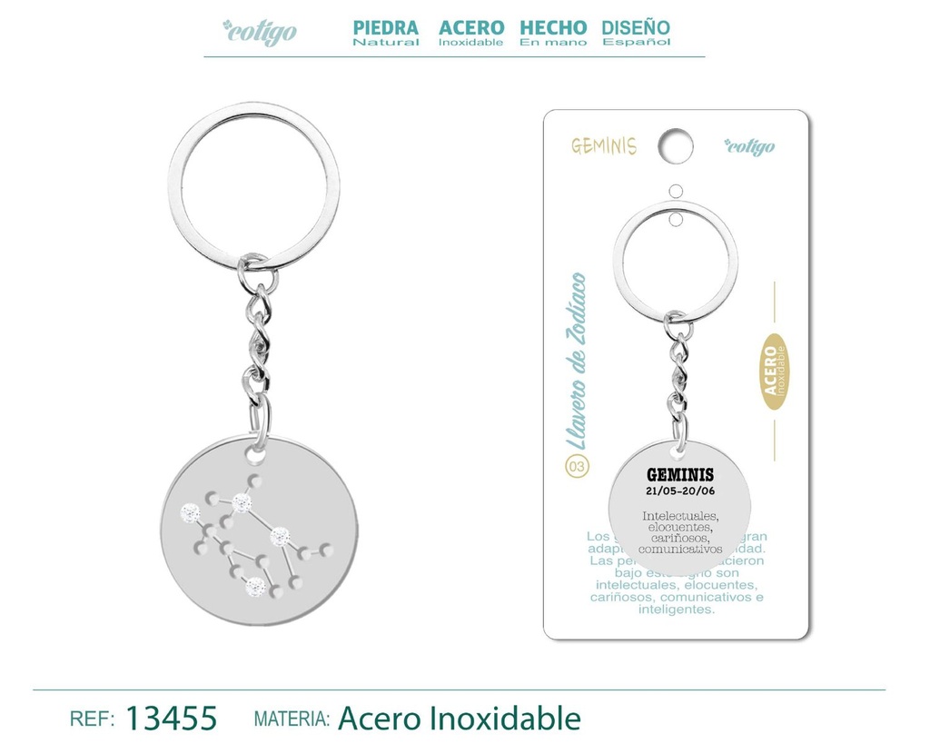 Llavero de Acero con Zodiaco Géminis - Accesorios astrológicos y de personalidad