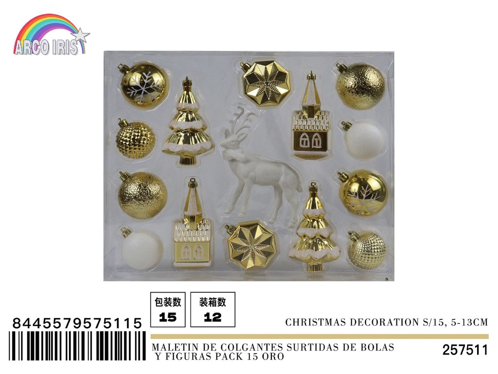 Maletín de colgantes surtidos de bolas y figuras pack 15 oro - Adornos navideños