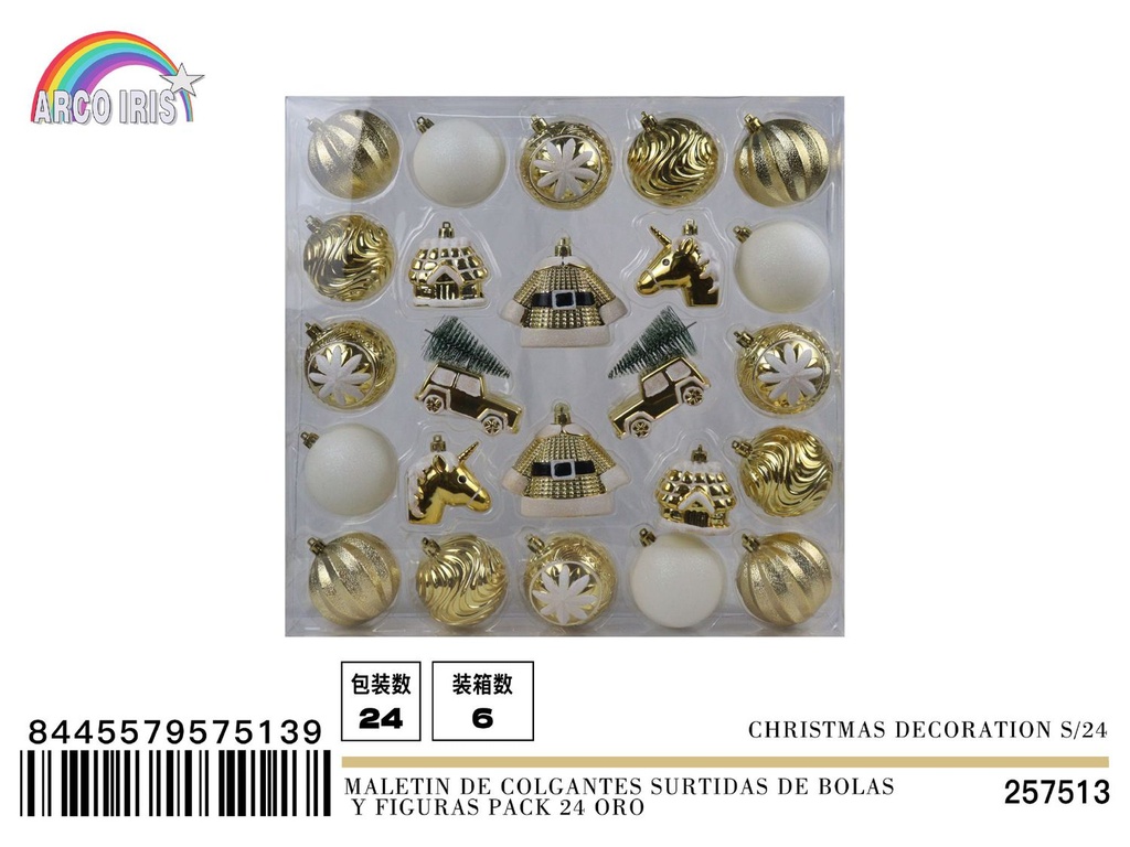 Maletín de colgantes surtidos de bolas y figuras pack 24 oro - Adornos navideños