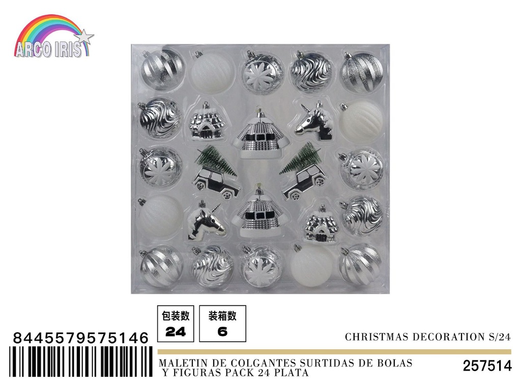 Maletín de colgantes surtidos de bolas y figuras pack 24 plata - Adornos navideños