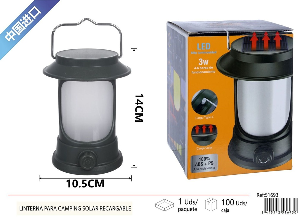 Lintera solar para camping recargable USB - Iluminación portátil