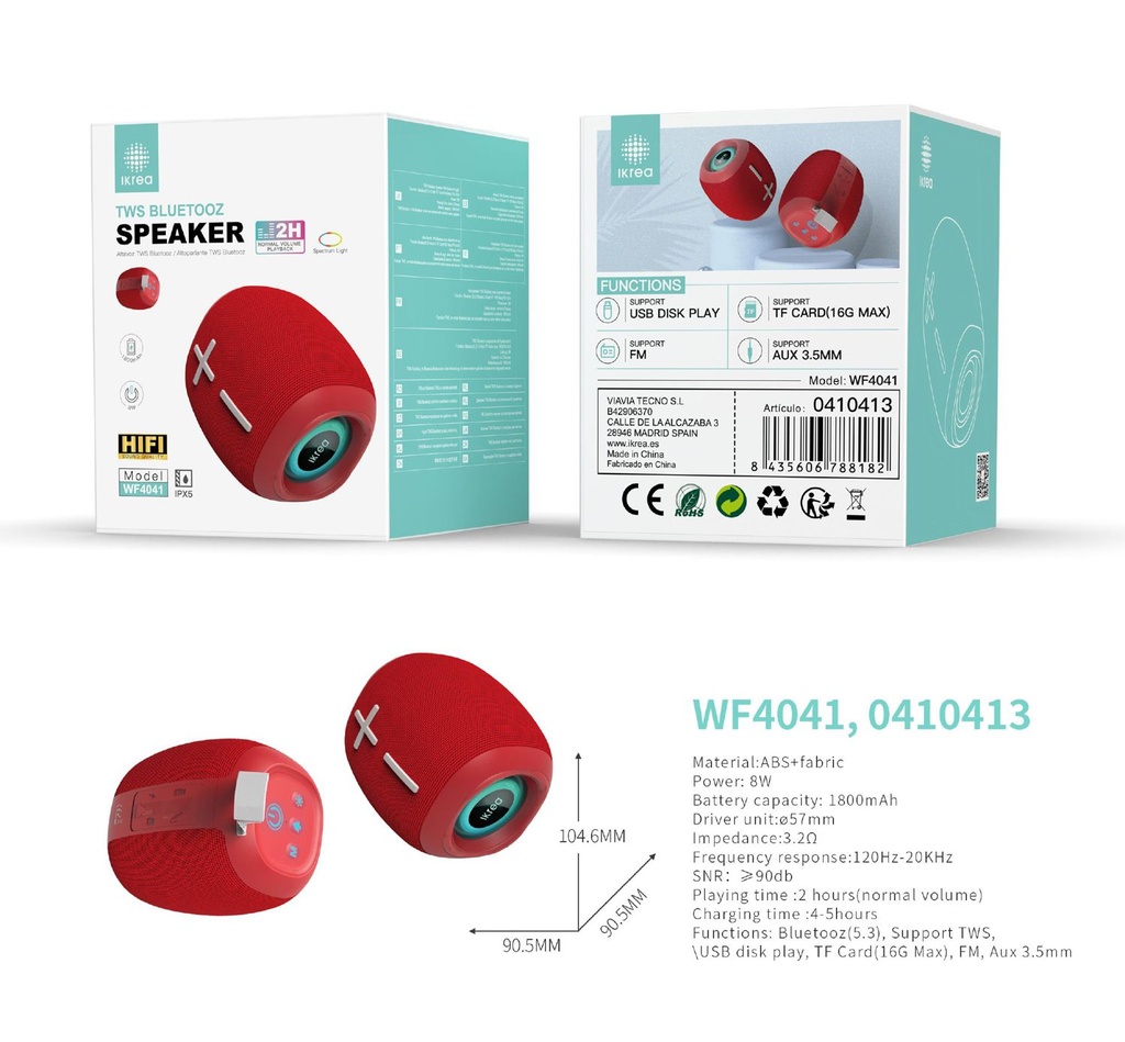 Altavoz TWS Bluetooth IKREA WF4041 HF IPX5 1800mAh 8W rojo - Altavoces inalámbricos