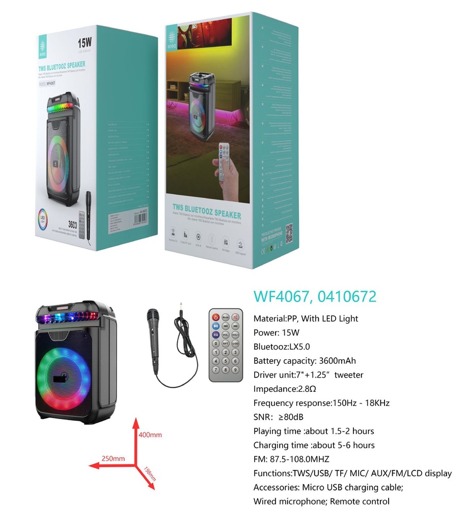 Altavoz con micrófono karaoke y mando IKREA WF4067 3600mAh 250*198*400mm negro - Altavoces grandes