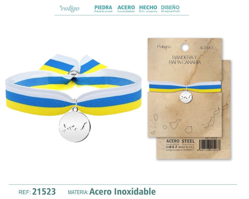 Pulsera cinta Bandera Canarias con colgante Mapa Canaria acero plateado - Simbología canaria