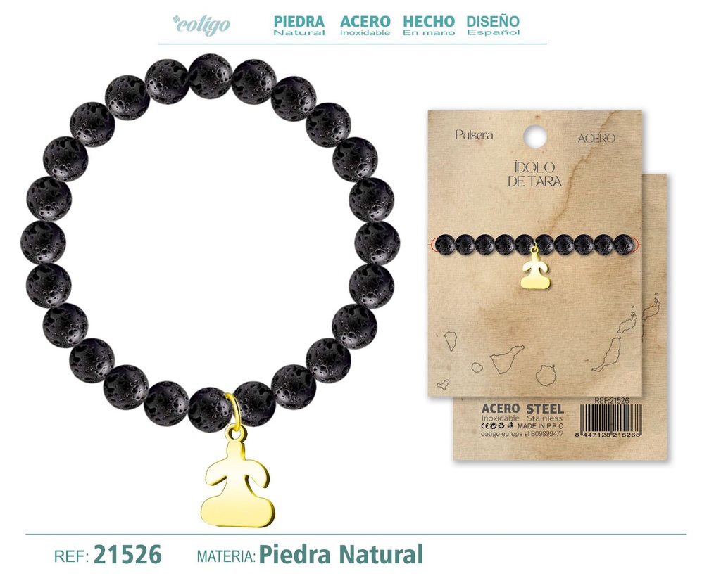 Pulsera piedra volcánica con colgante Ídolo de Tara acero dorado - Combina naturaleza y cultura