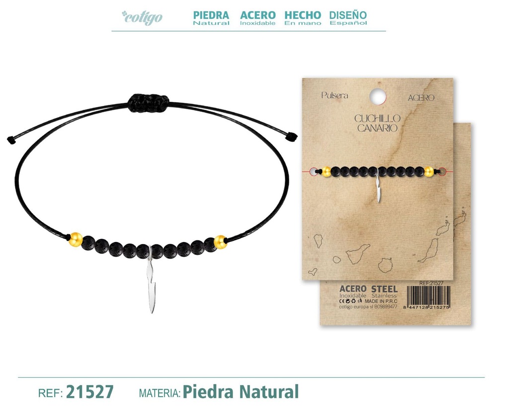 Pulsera piedra volcánica con colgante Cuchillo Canario acero plateado - Joyería representativa