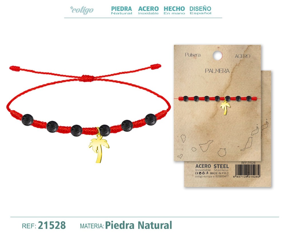 Pulsera 7 nudos con piedra volcánica y colgante Palmera acero dorado - Simbología y tradición