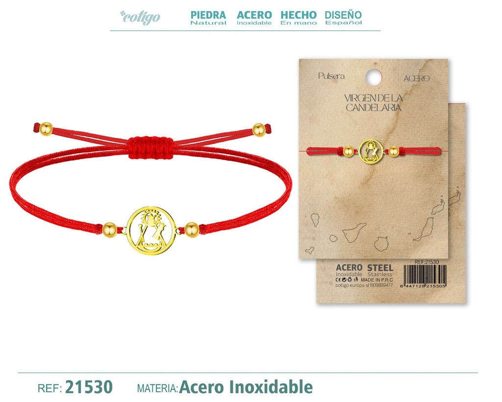 Pulsera hilo encerado con Virgen de Candelaria acero dorado - Diseño religioso en joyería