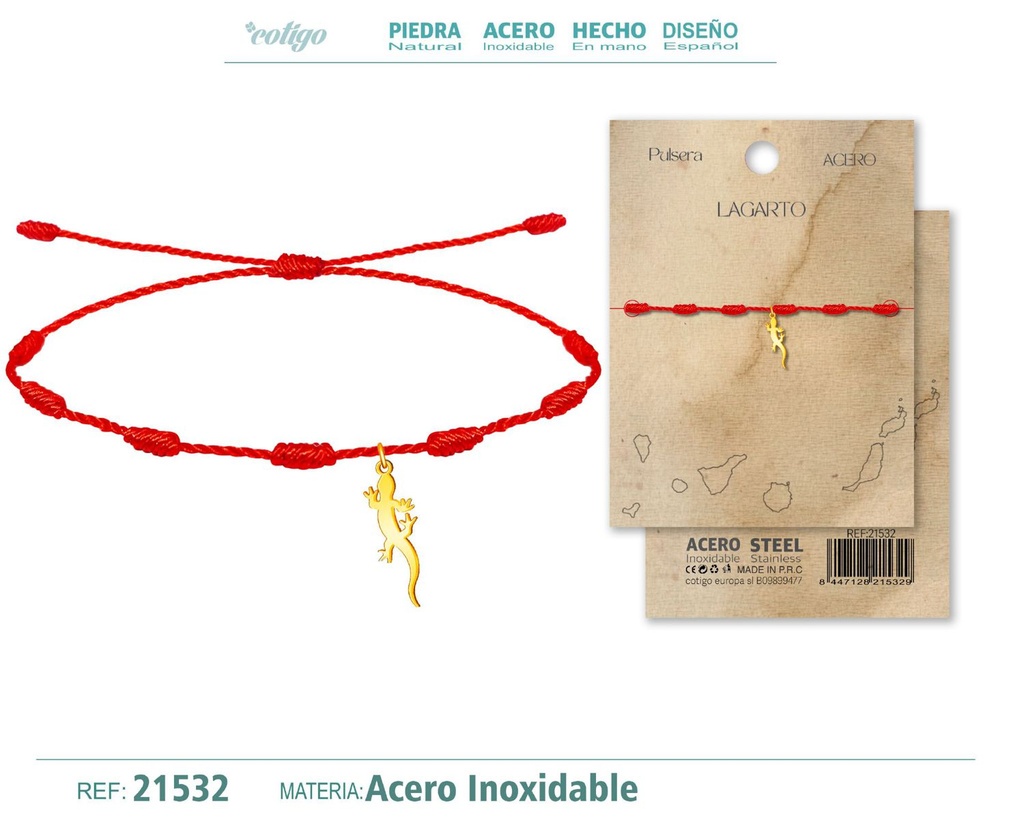 Pulsera 7 nudos con colgante Lagarto acero dorado - Icono cultural de la identidad