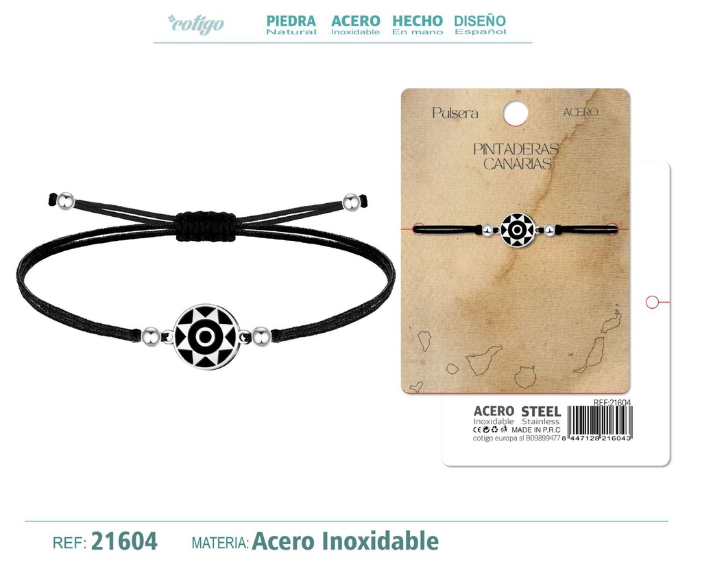 Pulsera hilo encerado con Pintadera Canarias acero plateado - Diseño significativo de la historia