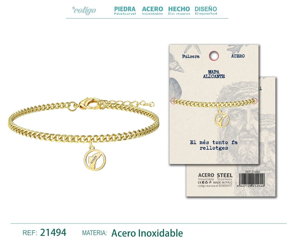 Pulsera Mapa Alicante acero dorado - Joyería representativa de la localidad