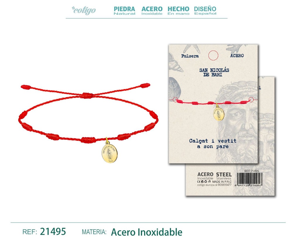 Pulsera 7 nudos con San Nicolás de Bari acero dorado - Tradición y devoción