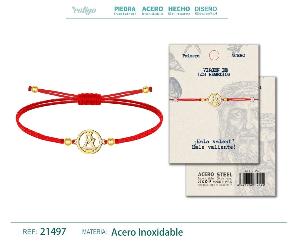 Pulsera 7 nudos con Virgen de los Remedios acero dorado - Diseño tradicional