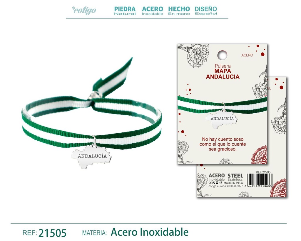 Pulsera Bandera Andalucía con colgante Mapa Andalucía acero plateado - Simbología regional