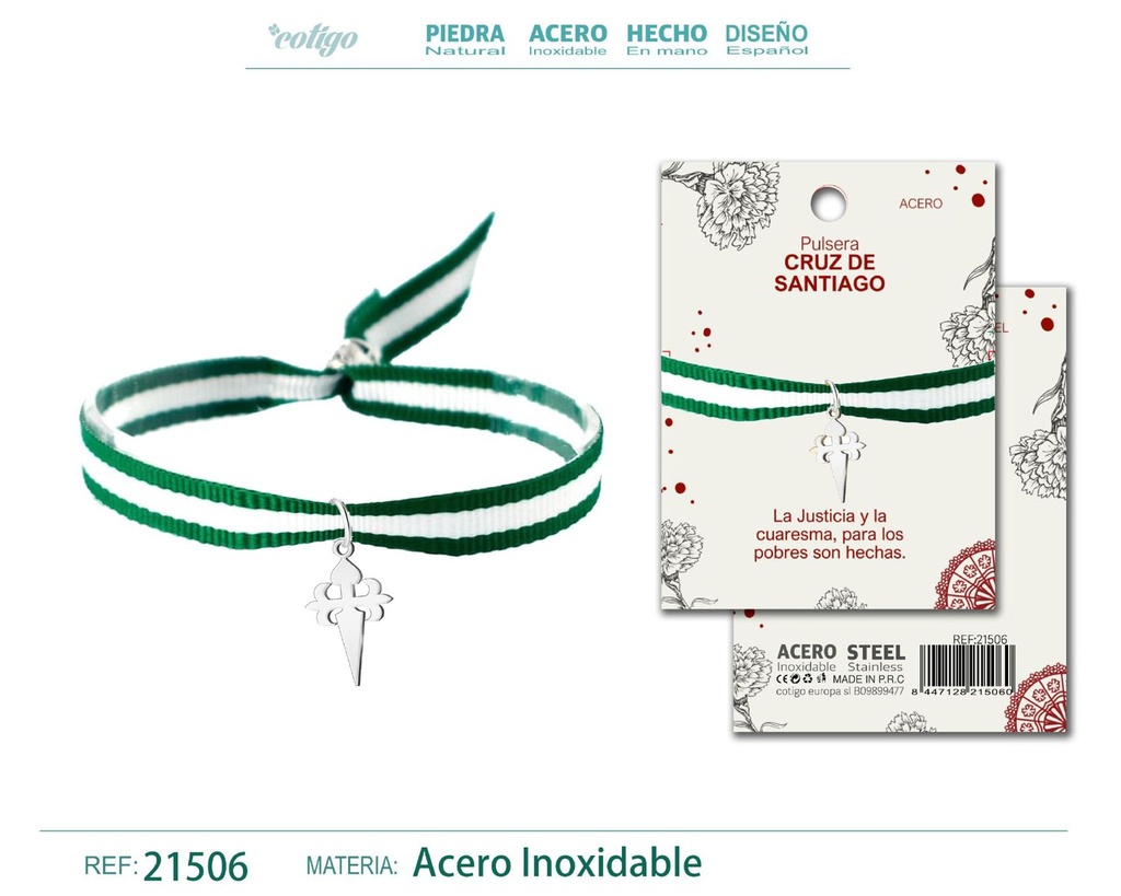 Pulsera Bandera Andalucía con colgante Cruz Santiago acero plateado - Tradición y devoción