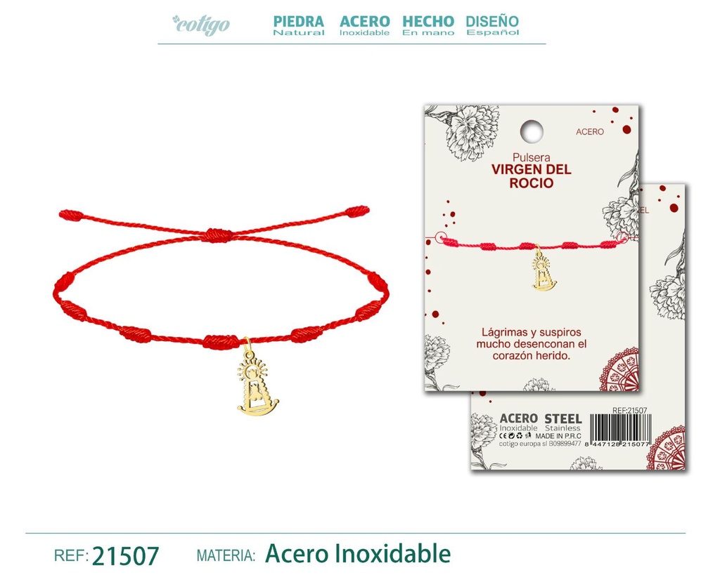 Pulsera 7 nudos con colgante Virgen de Rocío acero dorado - Joyería de fe