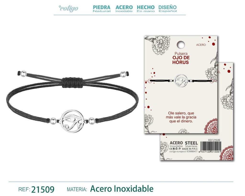 Pulsera hilo encerado con Ojo Horus acero plateado - Diseño espiritual