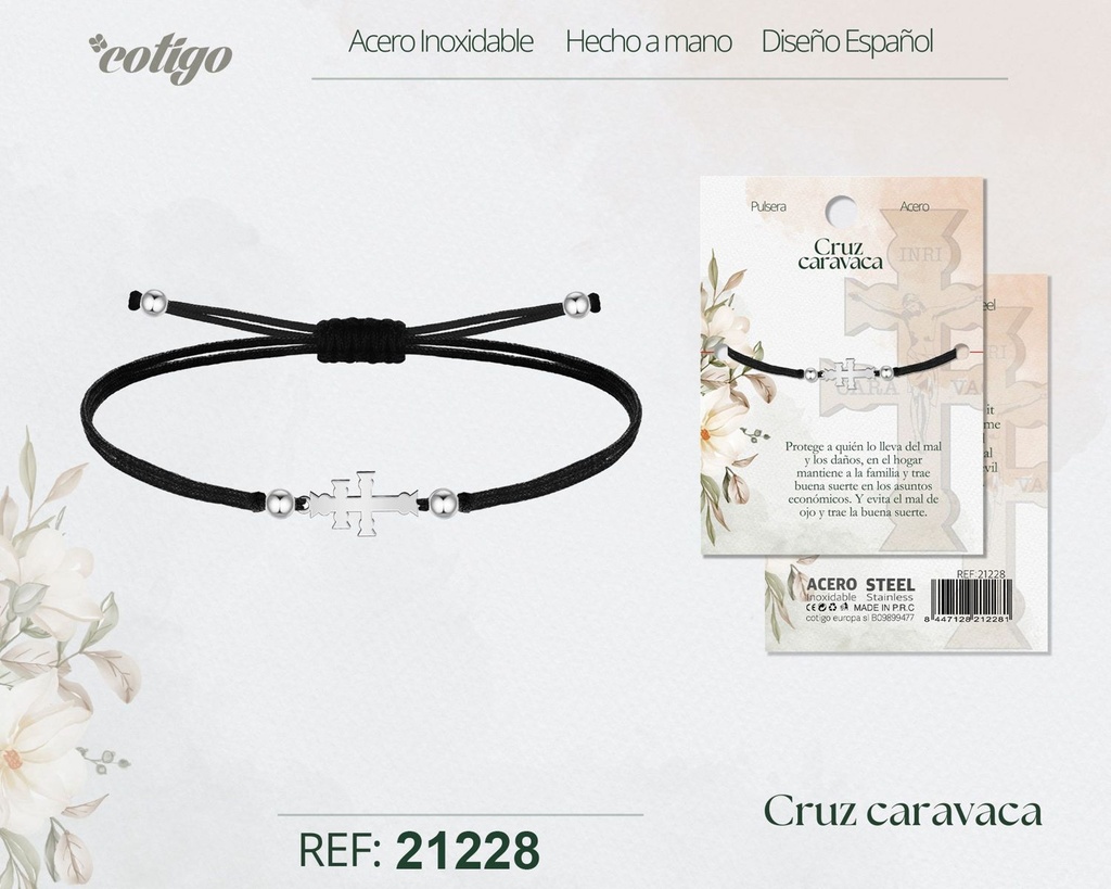 Pulsera hilo encerado con Cruz Caravaca acero plateado - Joyería con significado