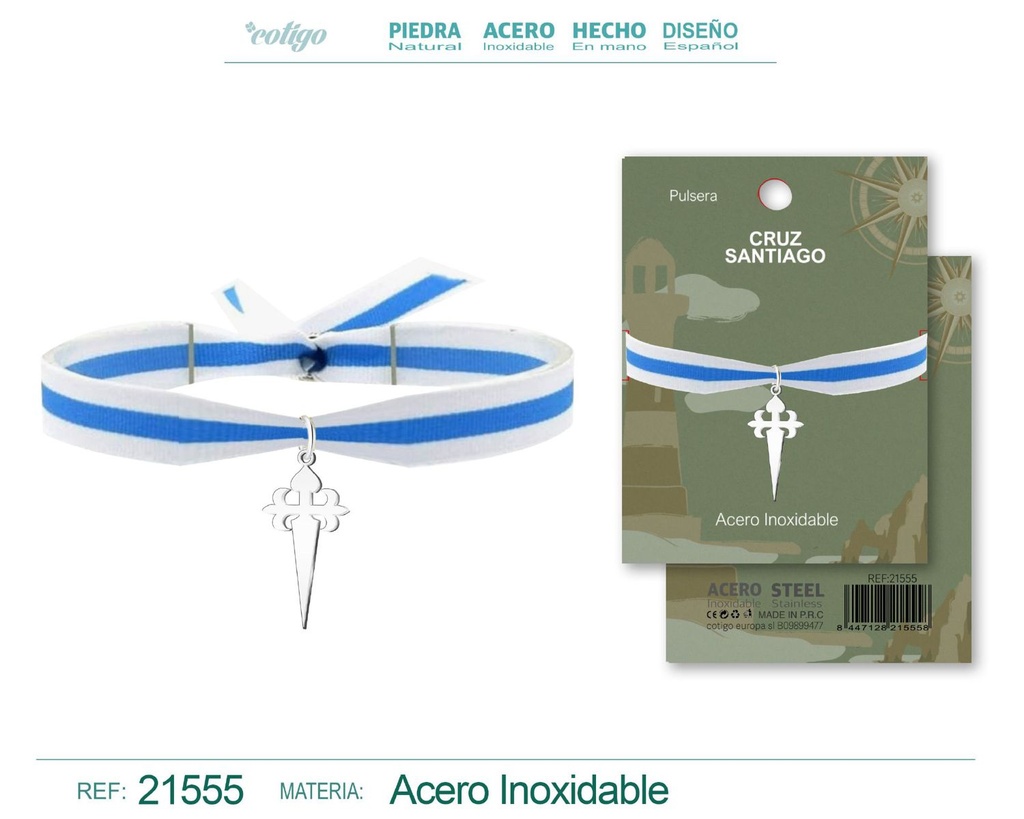 Pulsera Bandera Galicia con colgante Cruz Santiago acero plateado - Tradición y diseño