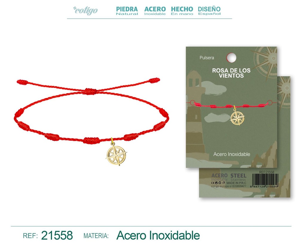 Pulsera 7 nudos con colgante Rosa de los Vientos acero dorado - Joyería cargada de simbolismo