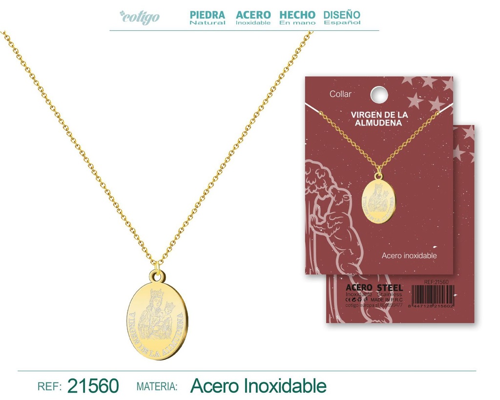 Colgante Virgen Almudena acero dorado - Fe y devoción en joyería