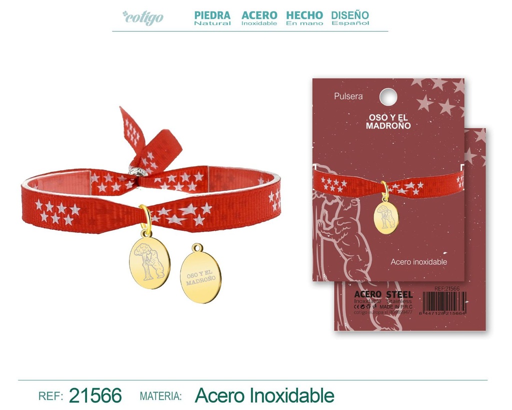 Pulsera Bandera de Madrid con colgante Oso y el Madroño acero dorado - Símbolos de la ciudad